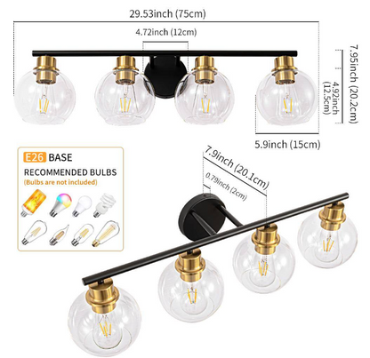 Deyidn 7.9 in. 4-Lights Matte Black and Gold Bathroom Vanity Light Accents and Clear Glass Shades