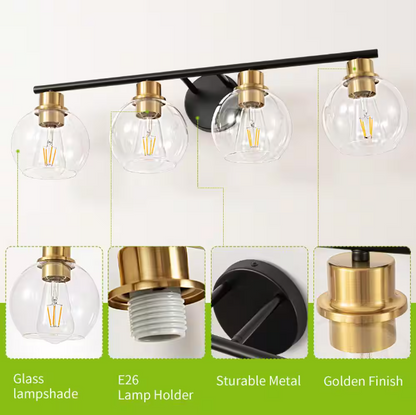 Deyidn 7.9 in. 4-Lights Matte Black and Gold Bathroom Vanity Light Accents and Clear Glass Shades