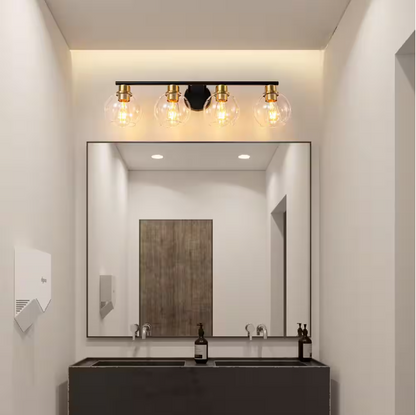 Deyidn 7.9 in. 4-Lights Matte Black and Gold Bathroom Vanity Light Accents and Clear Glass Shades