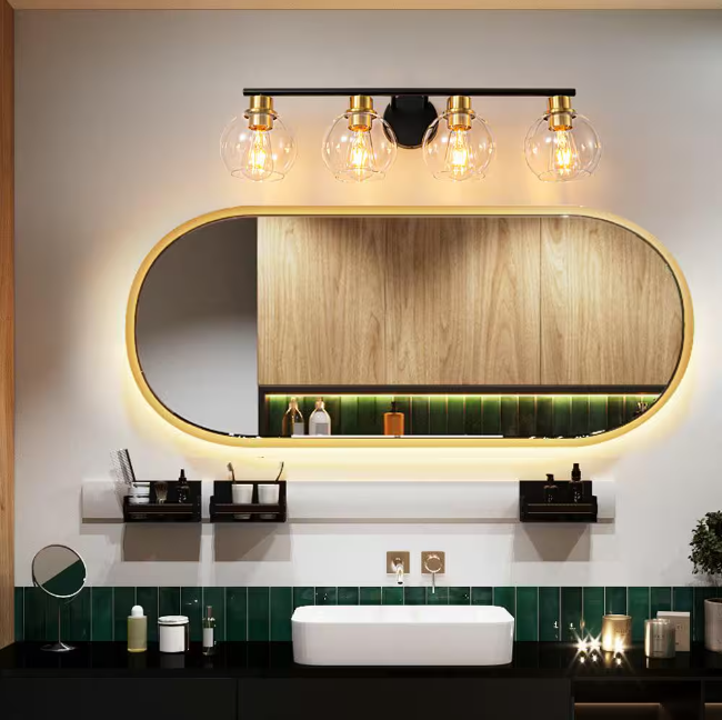 Deyidn 7.9 in. 4-Lights Matte Black and Gold Bathroom Vanity Light Accents and Clear Glass Shades