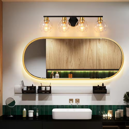 Deyidn 7.9 in. 4-Lights Matte Black and Gold Bathroom Vanity Light Accents and Clear Glass Shades