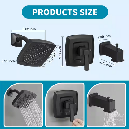 BWE Single Handle 5-Spray Rainfall Square Shower Faucet Set 1.8 GPM with Tub Spout Combo High pressure in. Matte Black