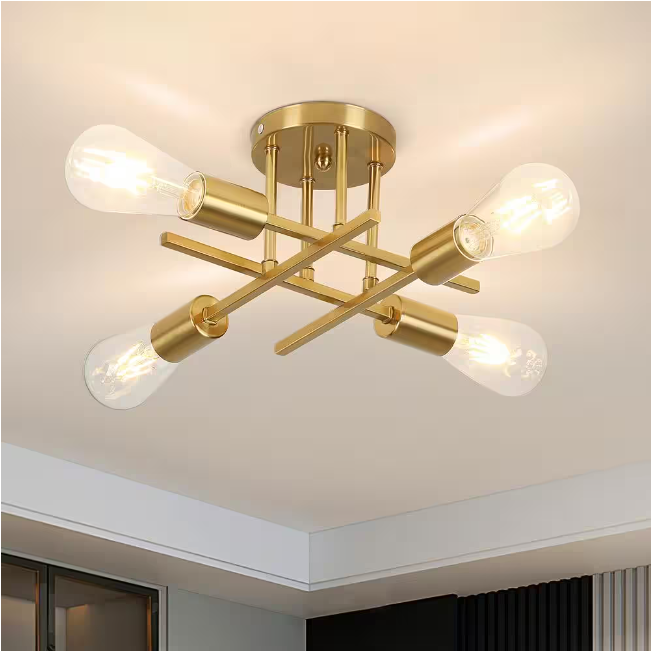 TOZING 16 in. 4-Light Modern Sputnik Linear Gold Metal Industrial Farmhouse Semi- Flush Mount Ceiling Lights Chandelier Light