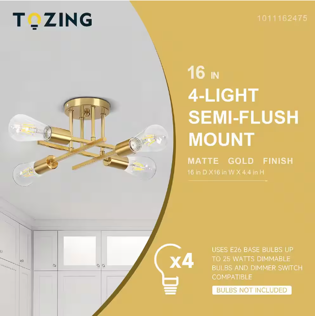 TOZING 16 in. 4-Light Modern Sputnik Linear Gold Metal Industrial Farmhouse Semi- Flush Mount Ceiling Lights Chandelier Light