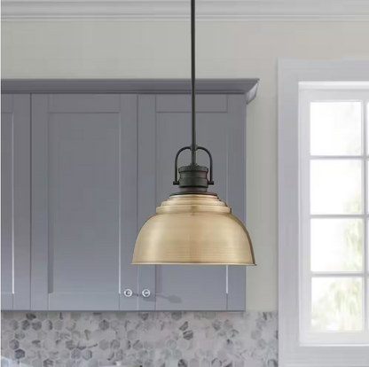 Home Decorators Collection Shelston 13 in. 1-Light Antique Gold and Black Farmhouse Pendant Light Fixture with Metal Shade