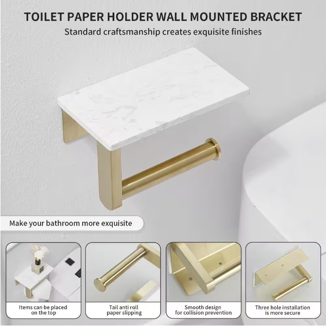 BWE A-91043-BG Wall Mount Toilet Paper Holder With Natural Marble Shelf Tissue Storage Holder In Brushed Gold