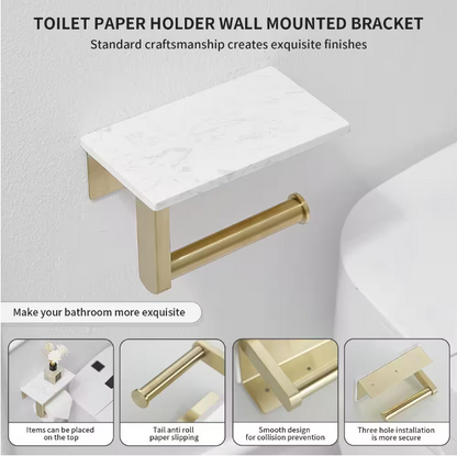 BWE A-91043-BG Wall Mount Toilet Paper Holder With Natural Marble Shelf Tissue Storage Holder In Brushed Gold