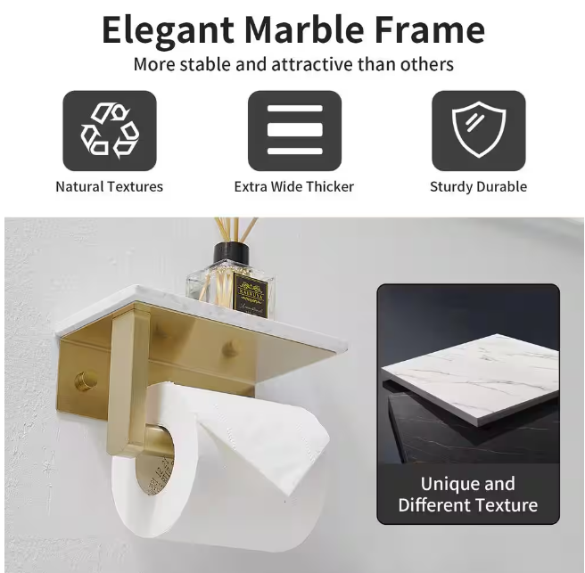BWE A-91043-BG Wall Mount Toilet Paper Holder With Natural Marble Shelf Tissue Storage Holder In Brushed Gold