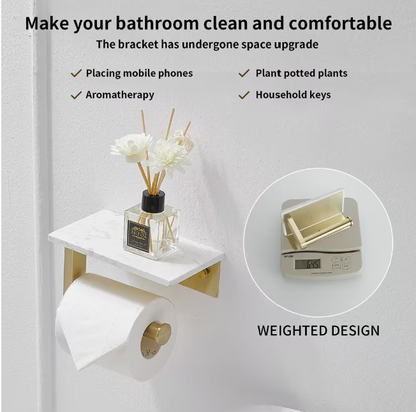 BWE A-91043-BG Wall Mount Toilet Paper Holder With Natural Marble Shelf Tissue Storage Holder In Brushed Gold