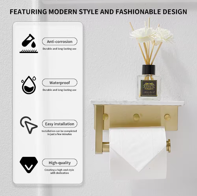 BWE A-91043-BG Wall Mount Toilet Paper Holder With Natural Marble Shelf Tissue Storage Holder In Brushed Gold