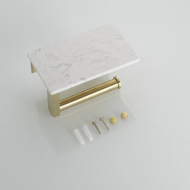 BWE A-91043-BG Wall Mount Toilet Paper Holder With Natural Marble Shelf Tissue Storage Holder In Brushed Gold