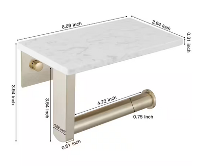 BWE A-91043-BG Wall Mount Toilet Paper Holder With Natural Marble Shelf Tissue Storage Holder In Brushed Gold