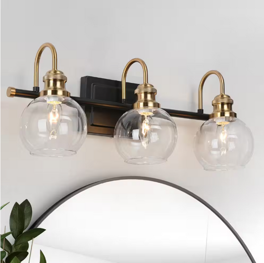 Zevni Modern 22 in. 3-Light Black Bathroom Vanity Light, Powder Room Rustic Vanity Light, Clear Glass Brass Gold Wall Light