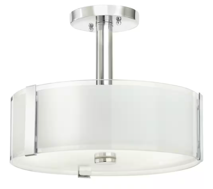 Hampton Bay Bourland 14 in. 3-Light Polished Chrome Semi-Flush Mount Ceiling Light Fixture with White and Clear Glass Double Shade