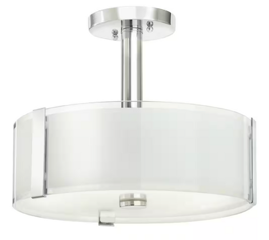 Hampton Bay Bourland 14 in. 3-Light Polished Chrome Semi-Flush Mount Ceiling Light Fixture with White and Clear Glass Double Shade
