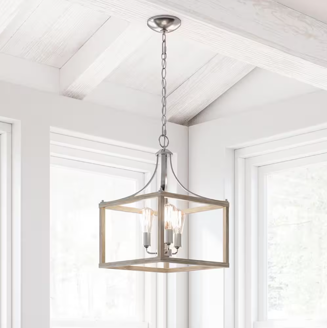 Hampton Bay Boswell Quarter 3-Light Brushed Nickel Pendant with Weathered Wood Accents