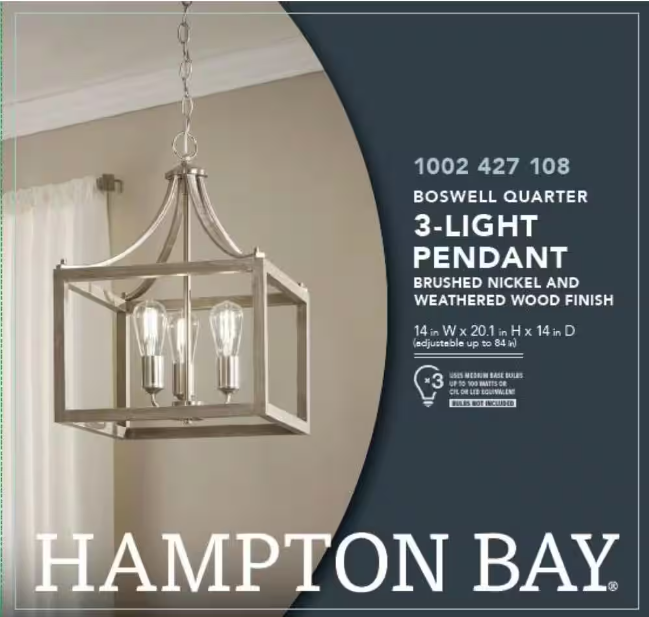 Hampton Bay Boswell Quarter 3-Light Brushed Nickel Pendant with Weathered Wood Accents