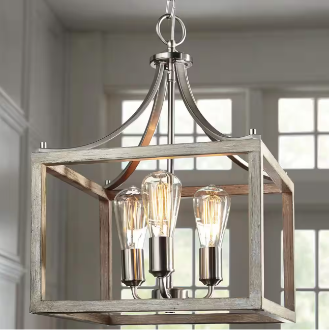 Hampton Bay Boswell Quarter 3-Light Brushed Nickel Pendant with Weathered Wood Accents