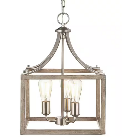 Hampton Bay Boswell Quarter 3-Light Brushed Nickel Pendant with Weathered Wood Accents