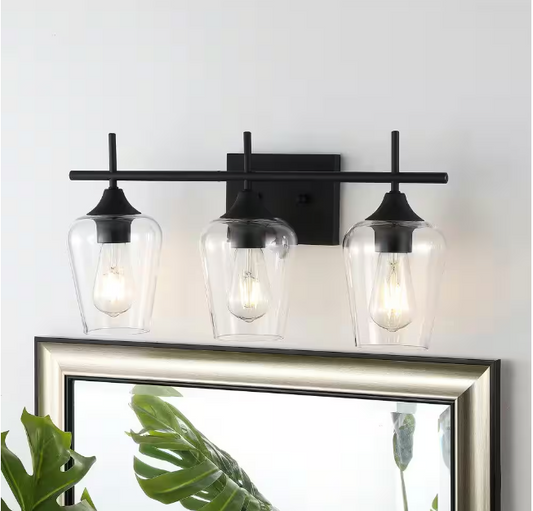MLiAN 21 in. 3-Light Matt Black Vanity Light with Glass Shade