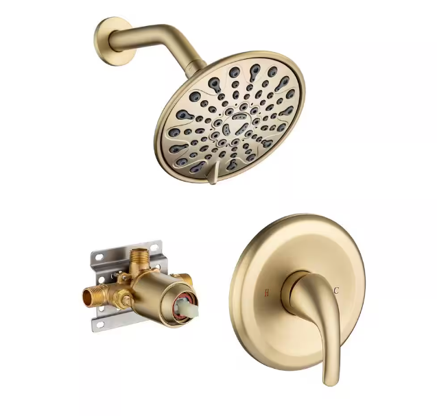 RAINLEX Single-Handle 6-Spray 6 in. Shower Head Round High Pressure Shower Faucet in Brushed Gold (Valve Included)