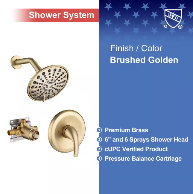 RAINLEX Single-Handle 6-Spray 6 in. Shower Head Round High Pressure Shower Faucet in Brushed Gold (Valve Included)