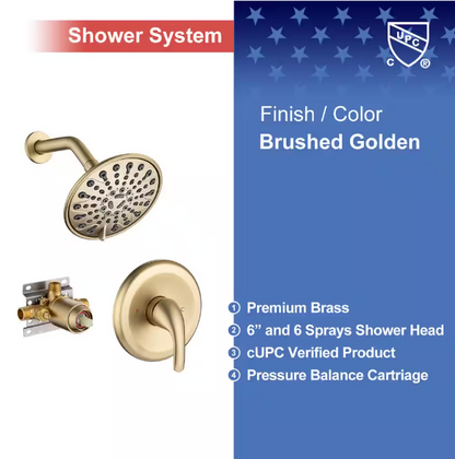 RAINLEX Single-Handle 6-Spray 6 in. Shower Head Round High Pressure Shower Faucet in Brushed Gold (Valve Included)