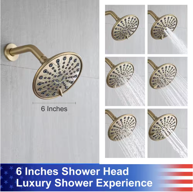 RAINLEX Single-Handle 6-Spray 6 in. Shower Head Round High Pressure Shower Faucet in Brushed Gold (Valve Included)