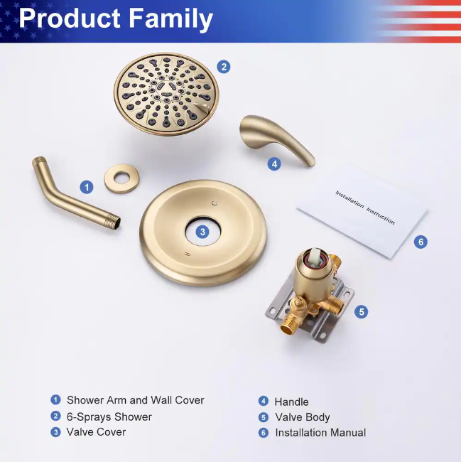 RAINLEX Single-Handle 6-Spray 6 in. Shower Head Round High Pressure Shower Faucet in Brushed Gold (Valve Included)