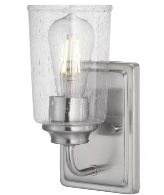 Hampton Bay Evangeline 4.5 in. 1-Light Brushed Nickel Indoor Wall Farmhouse Sconce with Clear Seeded Glass Shade