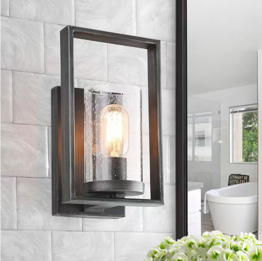 LNC Modern Transitional Wall Sconce 1-Light Brushed Gray Linear Rectangle Wall Light with Cylinder Seeded Glass Shade