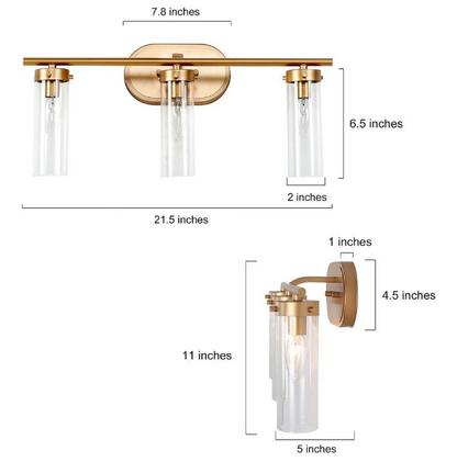 LNC Antique Gold Modern 3-Light Bathroom Vanity Light 21.5 in. Powder Room Wall Light with Cylinder Clear Glass Shades