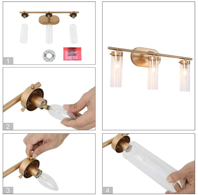 LNC Antique Gold Modern 3-Light Bathroom Vanity Light 21.5 in. Powder Room Wall Light with Cylinder Clear Glass Shades