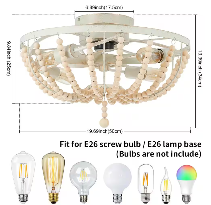 Deyidn 19.69 in. Modern Farmhouse Boho Ceiling Fan with 4-Light, Wooden Beads Ceiling Fan with Light Kit and Remote