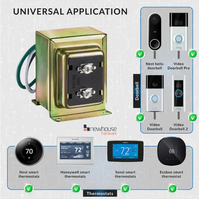 Newhouse Hardware Wired 24V 40vA Doorbell Transformer for Powering Multiple Smart Doorbells and Thermostats