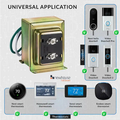 Newhouse Hardware Wired 24V 40vA Doorbell Transformer for Powering Multiple Smart Doorbells and Thermostats