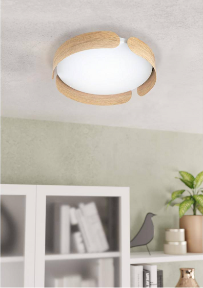 Eglo Valcasotto 13.75 in. W x 3 in. H 1-Light Wood LED Flush Mount with White Acrylic Shade