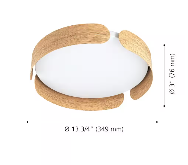 Eglo Valcasotto 13.75 in. W x 3 in. H 1-Light Wood LED Flush Mount with White Acrylic Shade