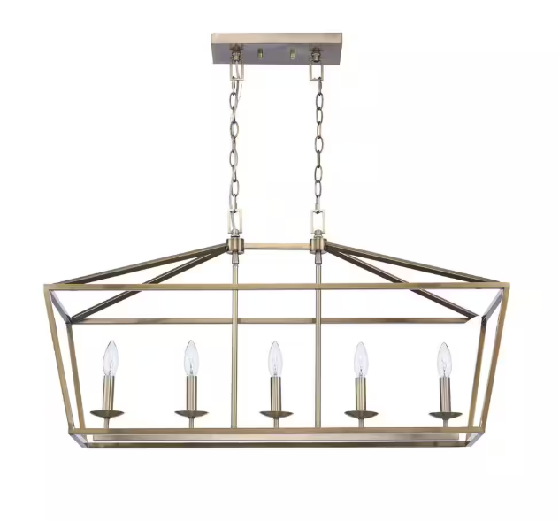 Home Decorators Collection Weyburn 36 in. 5-Light Brushed Brass Farmhouse Linear Chandelier Light Fixture with Caged Metal Shade