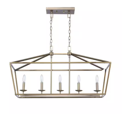 Home Decorators Collection Weyburn 36 in. 5-Light Brushed Brass Farmhouse Linear Chandelier Light Fixture with Caged Metal Shade