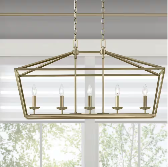 Home Decorators Collection Weyburn 36 in. 5-Light Brushed Brass Farmhouse Linear Chandelier Light Fixture with Caged Metal Shade