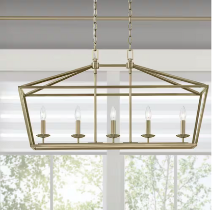 Home Decorators Collection Weyburn 36 in. 5-Light Brushed Brass Farmhouse Linear Chandelier Light Fixture with Caged Metal Shade
