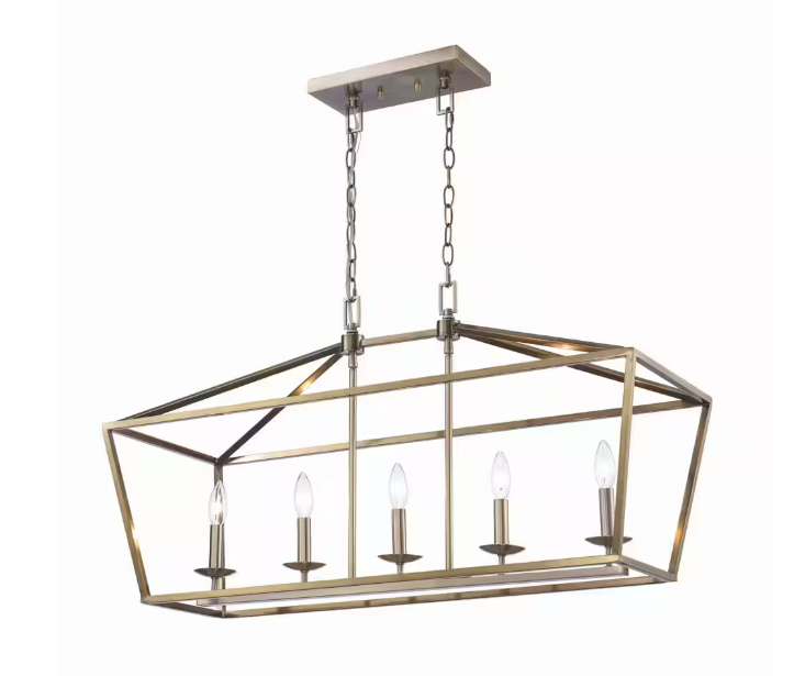 Home Decorators Collection Weyburn 36 in. 5-Light Brushed Brass Farmhouse Linear Chandelier Light Fixture with Caged Metal Shade