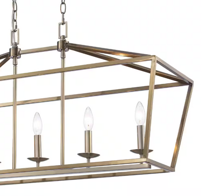 Home Decorators Collection Weyburn 36 in. 5-Light Brushed Brass Farmhouse Linear Chandelier Light Fixture with Caged Metal Shade