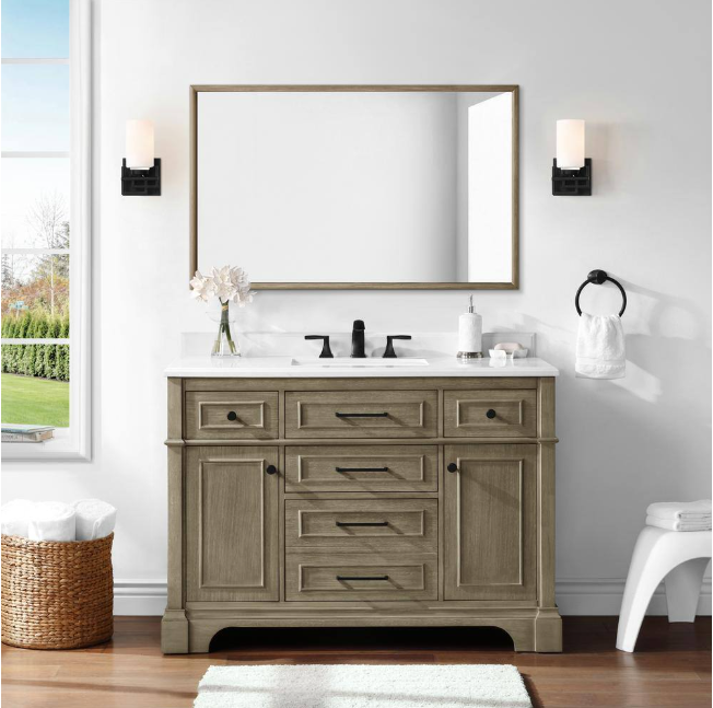 Home Decorators Collection Melpark 48 in. W x 30 in. H Rectangular Framed Wall Mount Bathroom Vanity Mirror in Antique Oak