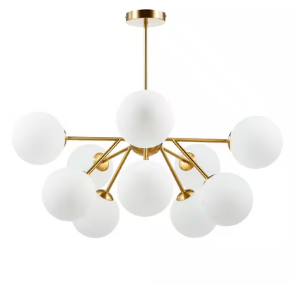 Merra 10-Light Vintage Gold Linear Sputnik Chandelier with Round Opaline Shades