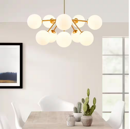 Merra 10-Light Vintage Gold Linear Sputnik Chandelier with Round Opaline Shades