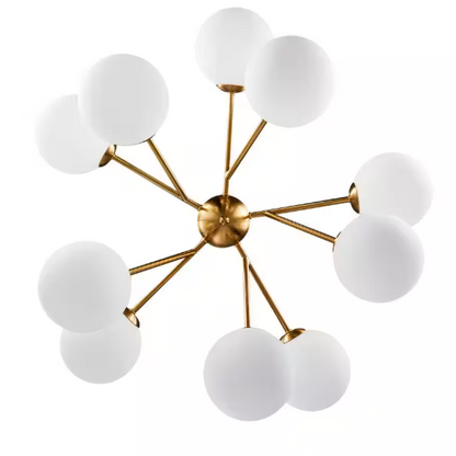 Merra 10-Light Vintage Gold Linear Sputnik Chandelier with Round Opaline Shades