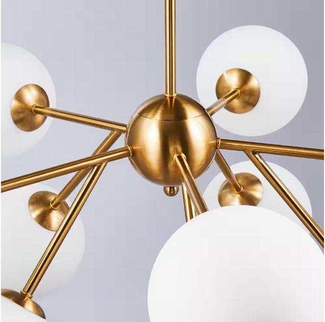 Merra 10-Light Vintage Gold Linear Sputnik Chandelier with Round Opaline Shades