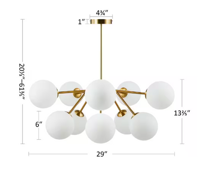 Merra 10-Light Vintage Gold Linear Sputnik Chandelier with Round Opaline Shades